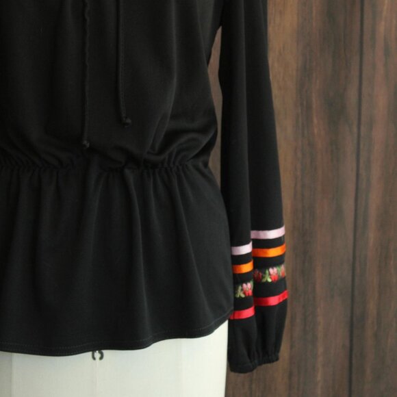 Vintage 1970s Blouse, R&K Black Peasant Top, Cottage Core, Folk Style - Picture 3 of 10